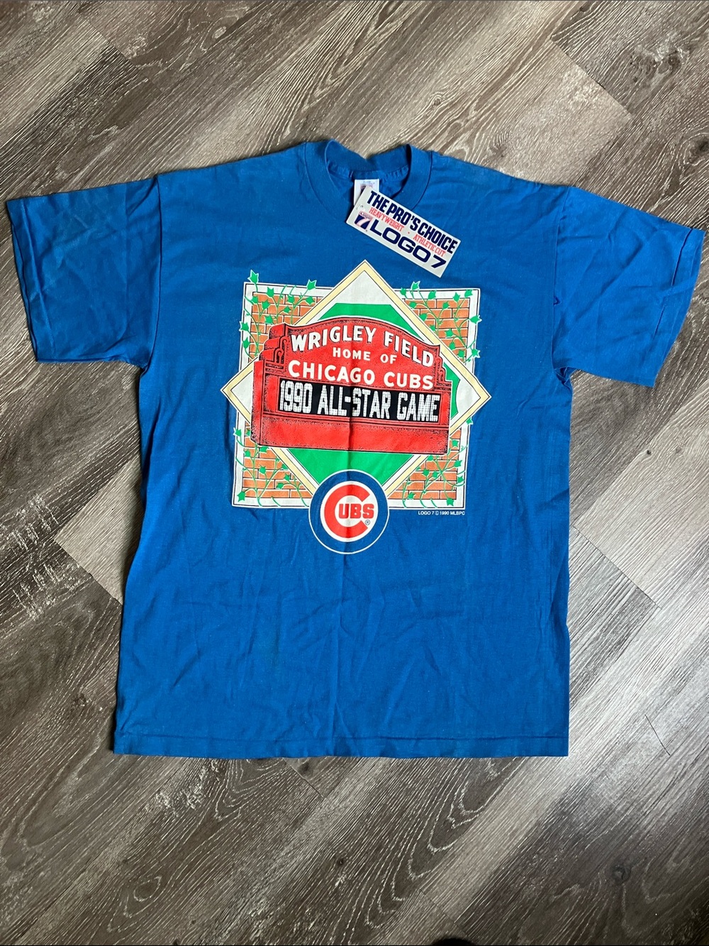 Vintage LOGO 7 Blue Chicago Cubs Wrigley Field 1990 All-Star Game T-Shirt